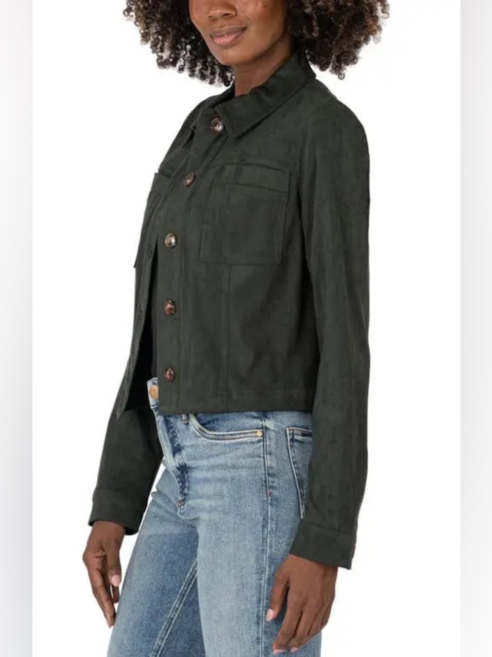 Kit from the Kloth Matilda Crop Faux Suede Trucker Jacket Hunter Green E106 - Picture 2 of 11